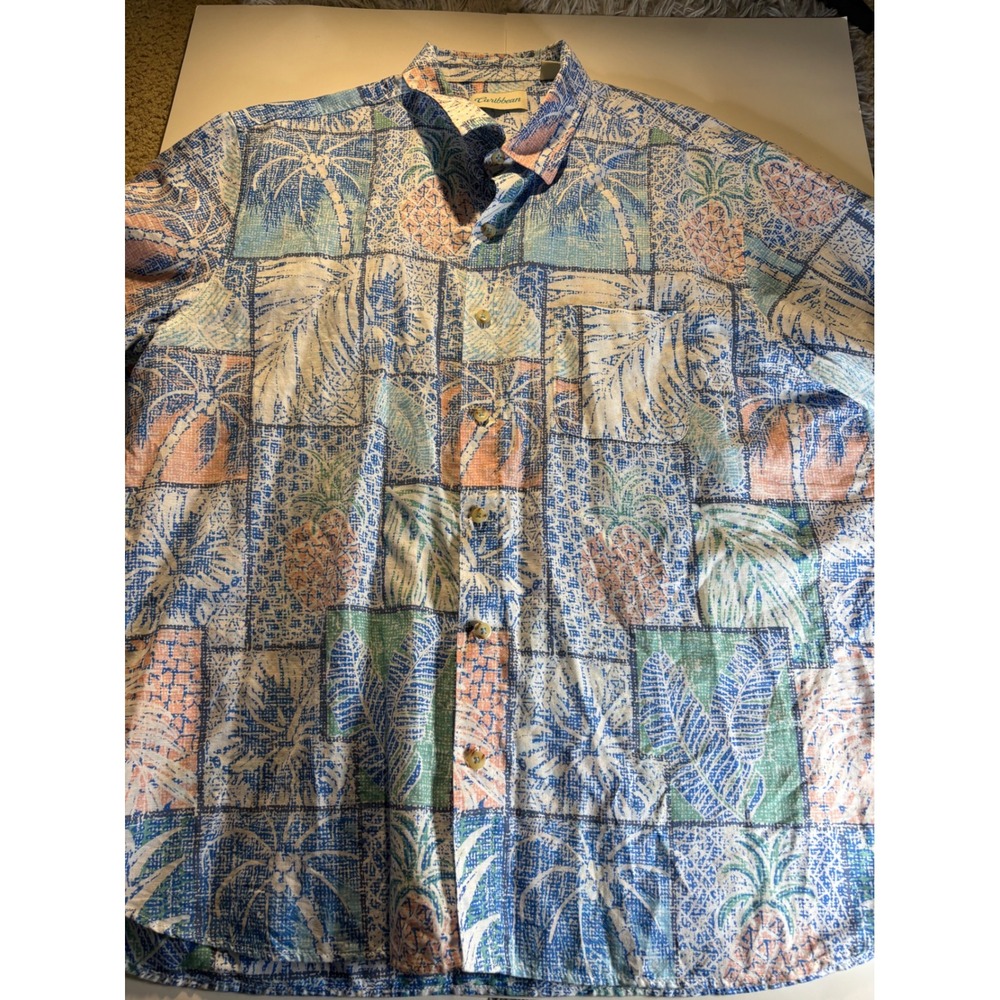 Caribbean XL Tropical Hawaiian Shirt Blue Palm Tree Print‎ Short Sleeve